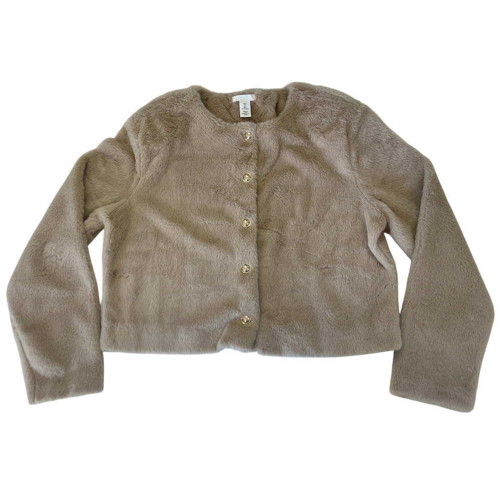 H&M Faux Fur Jacket Tan Beige‎ Gold Button Cropped Coat Womens Large